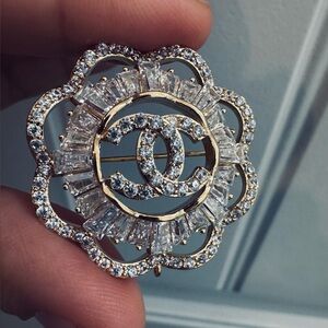 Elegant Small Camellia Gold Brooch with Simulated Diamonds and 14K gold plated